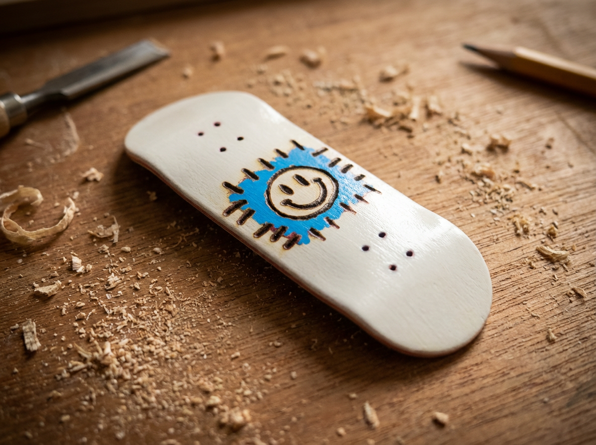 Skateboard deck with smiley face design on a wooden surface with tools
