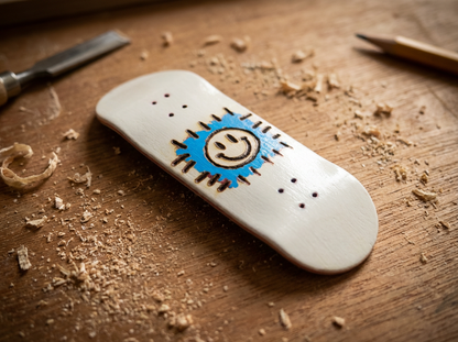 Skateboard deck with smiley face design on a wooden surface with tools
