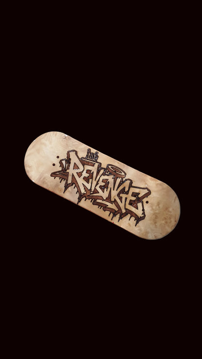 Popsicle fingerboard deck, light wood finish with large black graffiti-style graphic
