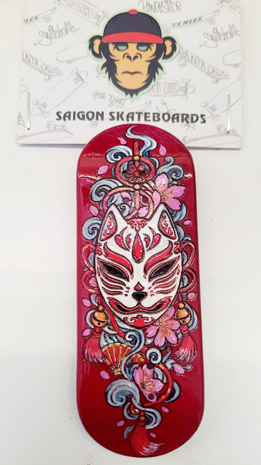 Red fingerboard deck front view with ornate fox graphic and floral details